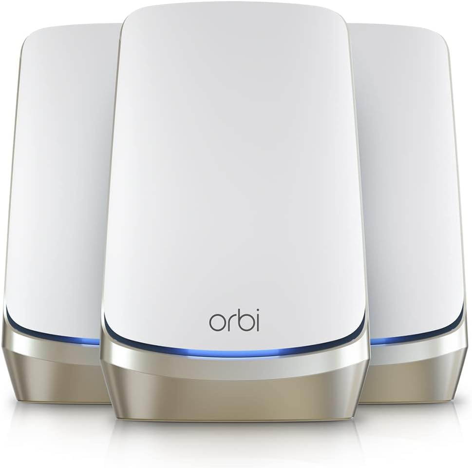 NETGEAR Orbi Quad-Band WiFi 6E Mesh Network System (RBKE963), Router + 2 Satellite Extenders, Security Features, Up to 10.8 Gbps, Coverage up to 9,000 sq. ft., 200 Devices, 10 Gig Internet Port