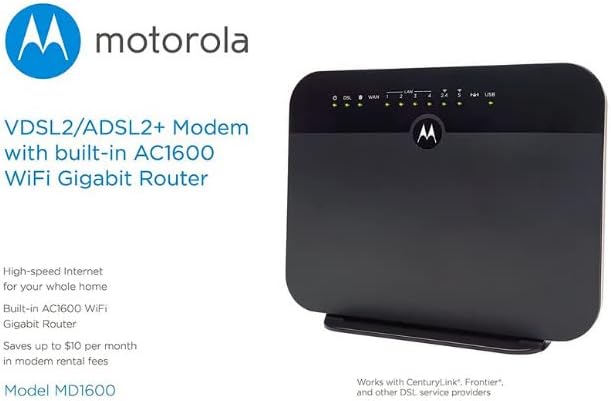 MOTOROLA VDSL2/ADSL2+ Modem + WiFi AC1600 Gigabit Router, Model MD1600, for Non-Bonded, Non-Vectoring DSL from Frontier and Some Other DSL Providers (Renewed)