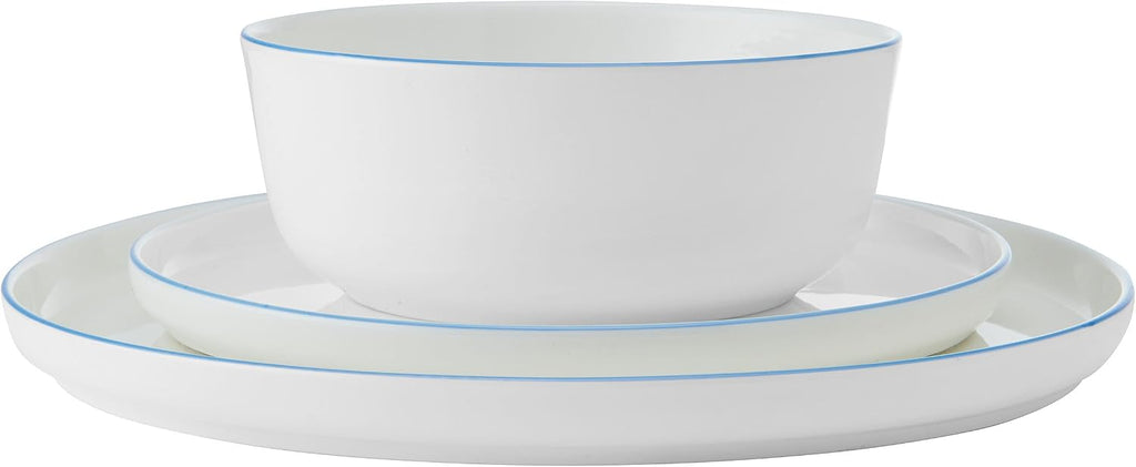 Mikasa Samantha 12 Piece Bone China Dinnerware Set, Service for 4, Flat Plates and Bowl with Blue Rim, Chip-Resistant, Lightweight, Elegant and Durable, White