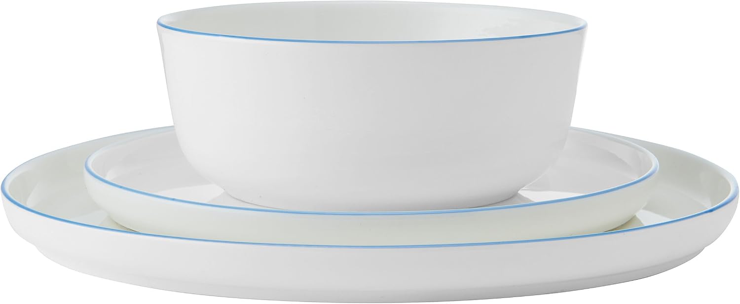 Mikasa Samantha 12 Piece Bone China Dinnerware Set, Service for 4, Flat Plates and Bowl with Blue Rim, Chip-Resistant, Lightweight, Elegant and Durable, White