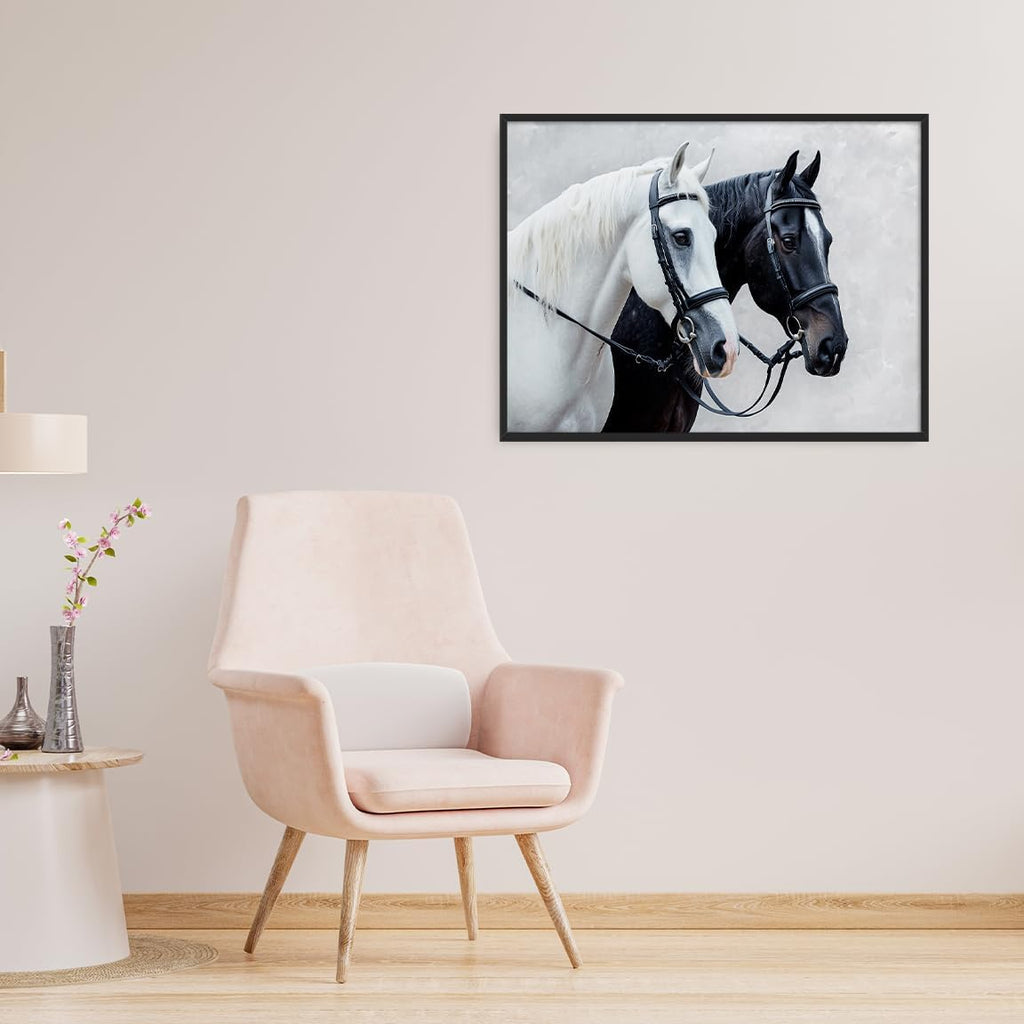 Elegant Horse Pair Canvas Wall Art Black and White Equestrian Portrait Oil Painting for Country Bedroom Living Room Office or Farmhouse Decor 24x36in Large Black aluminum frame