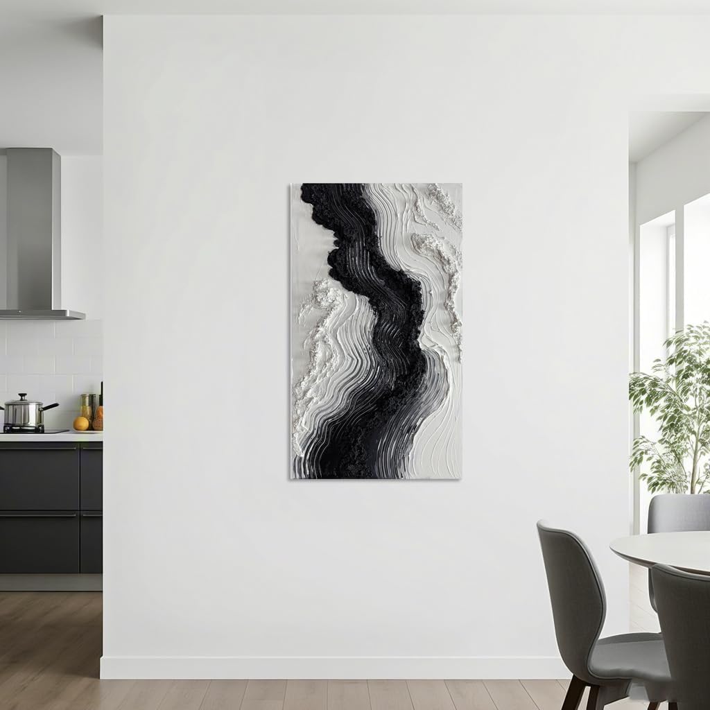 Boiee Art,24x48Inch Hand Painted Modern Black Simply White Framed Artwork Textured Ocean Wave Art on Canvas Minimalist Oil Painting