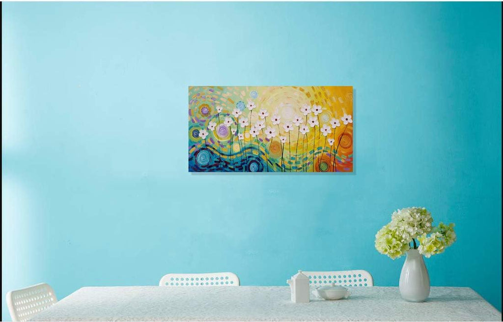 Yihui Arts Hand-Painted Textured Floral Wall Art, Vibrant Abstract Flower Canvas Painting with Thick Textures, Modern Boho Decor for Living Room Bedroom, Colorful Blooming Daisy Artwork