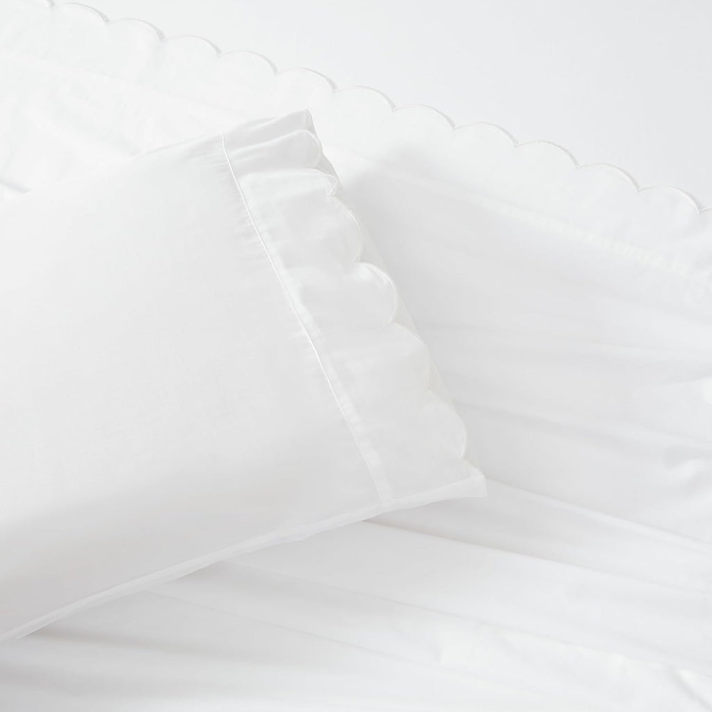 Lush Decor Coastal Chic Scalloped Edge Cotton Sheet Set 4 Piece Set Queen White - White Sheets - Scallop Trim - Bed Sheets - Coastal Decor
