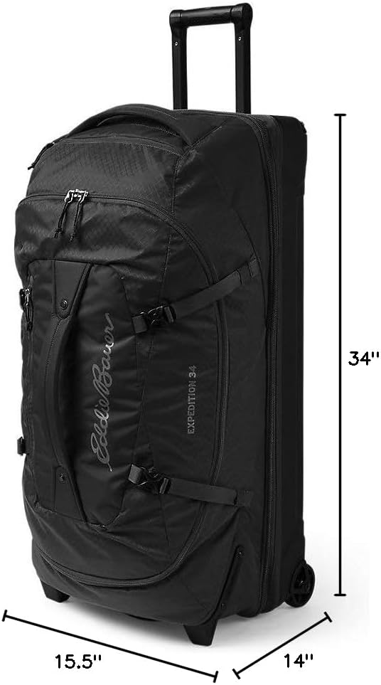 Eddie Bauer Expedition Rolling Duffel Bag with Wheels | Travel | Check-In | Luggage | Rugged | Durable - Black, 34'