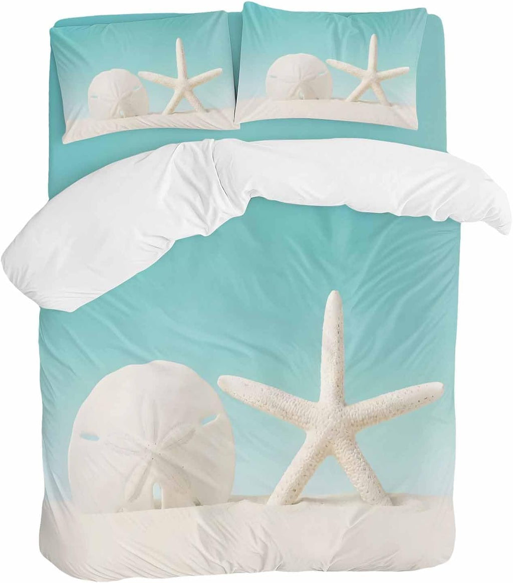 Beach Starfish Sand Dollar Duvet Cover Set Queen Size 4 Pieces Modern Nautical Ocean Marine Life Teal Bedding Set with Zipper Closure, 1 Comforter Cover 92x106 Inches 1 Flat Sheet & 2 Pillow Cases
