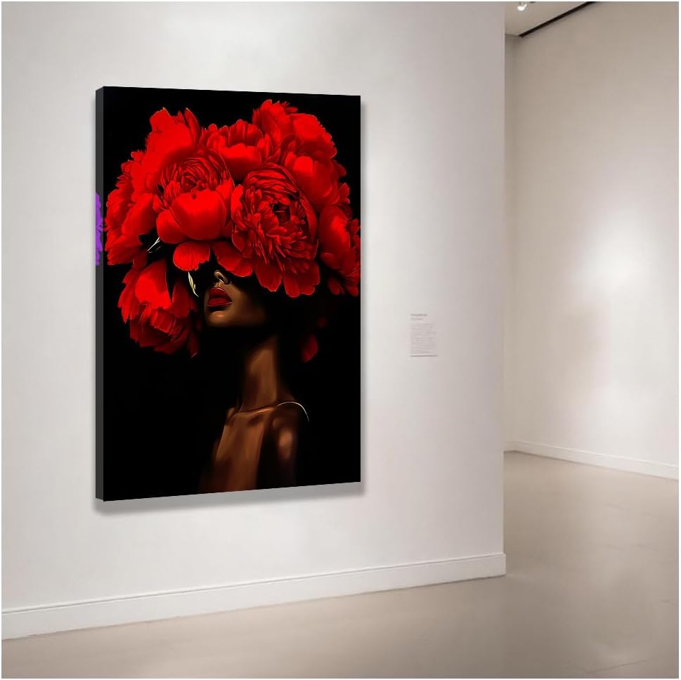 DOARTDO African American Wall Art Woman with Flowers on Head Painting Black and Red Pictures Black Women Portrait Canvas Prints Bedroom Home Decor Framed (Red, (28.00' x 42.00')