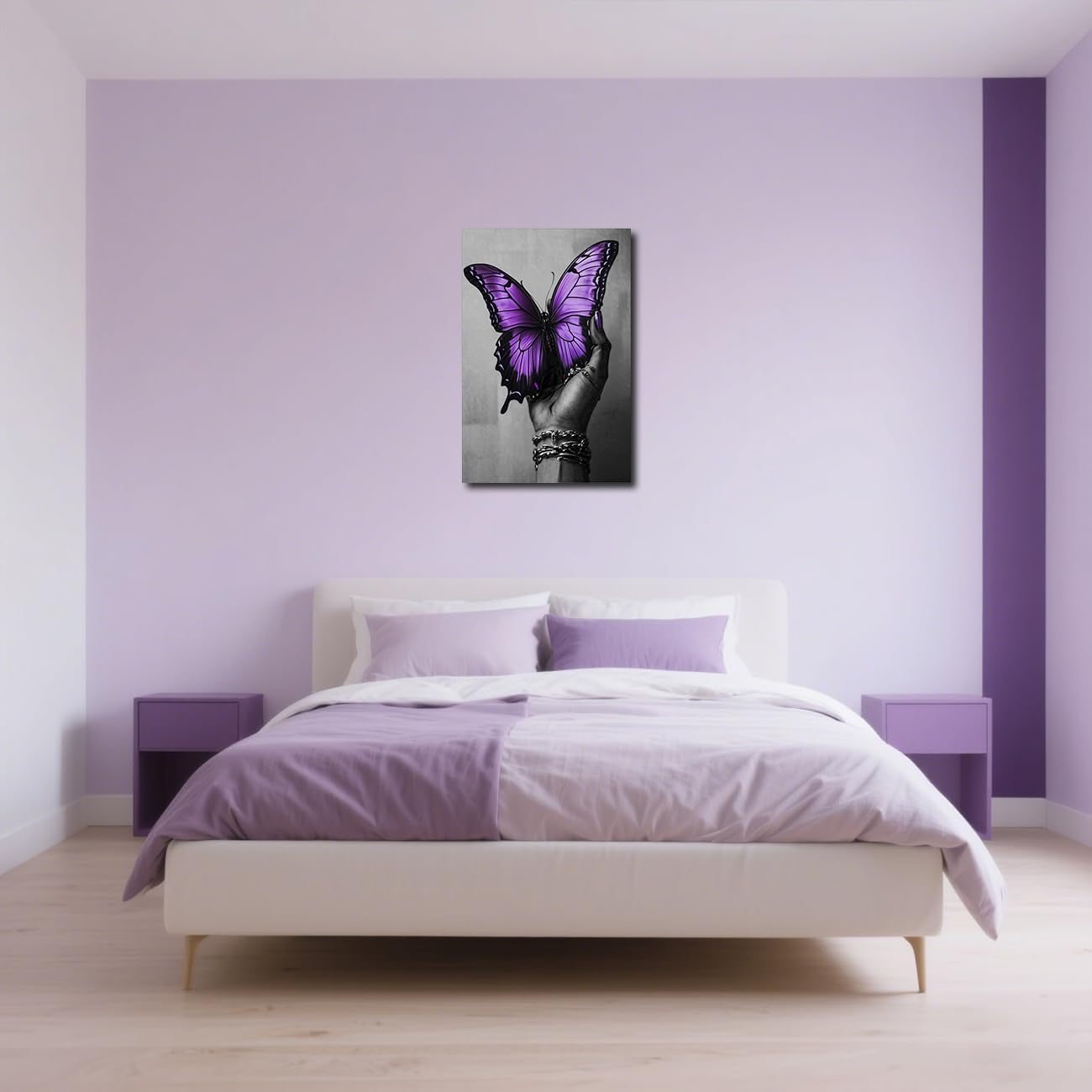 SWQYLB African American Canvas Wall Art Black Woman Hand and Butterfly Picture Black Girl Painting Abstract Women Poster Prints Afro Art Wall Decor for Bedroom (Purple, 42L x 28W)