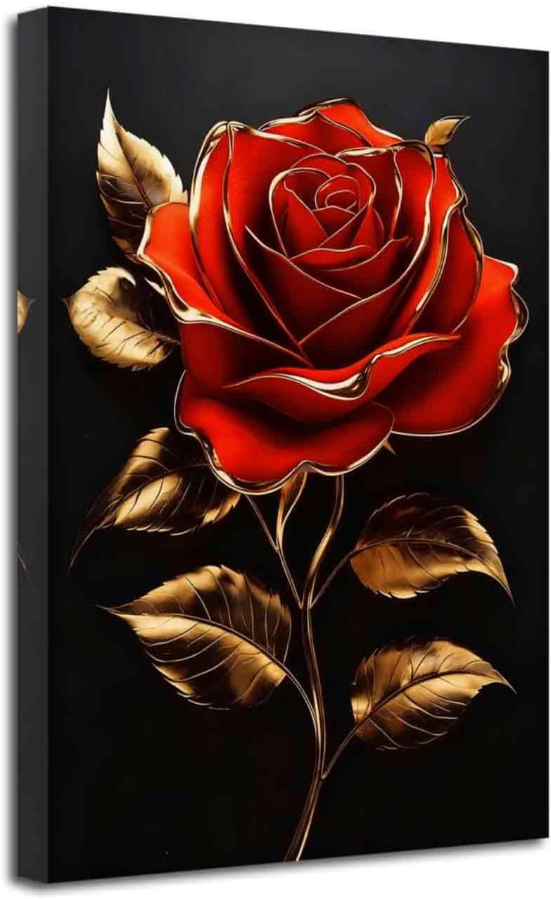 LZIMU Rose Canvas Wall Art Black and Gold Floral Picture Rose Flower Golden Leaf Painting Abstract Poster Print Elegant Modern Artwork Bathroom Bedroom Office Decor (Red, (42L x 28W))