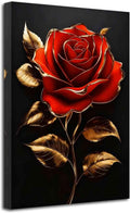 LZIMU Rose Canvas Wall Art Black and Gold Floral Picture Rose Flower Golden Leaf Painting Abstract Poster Print Elegant Modern Artwork Bathroom Bedroom Office Decor (Red, (42L x 28W))