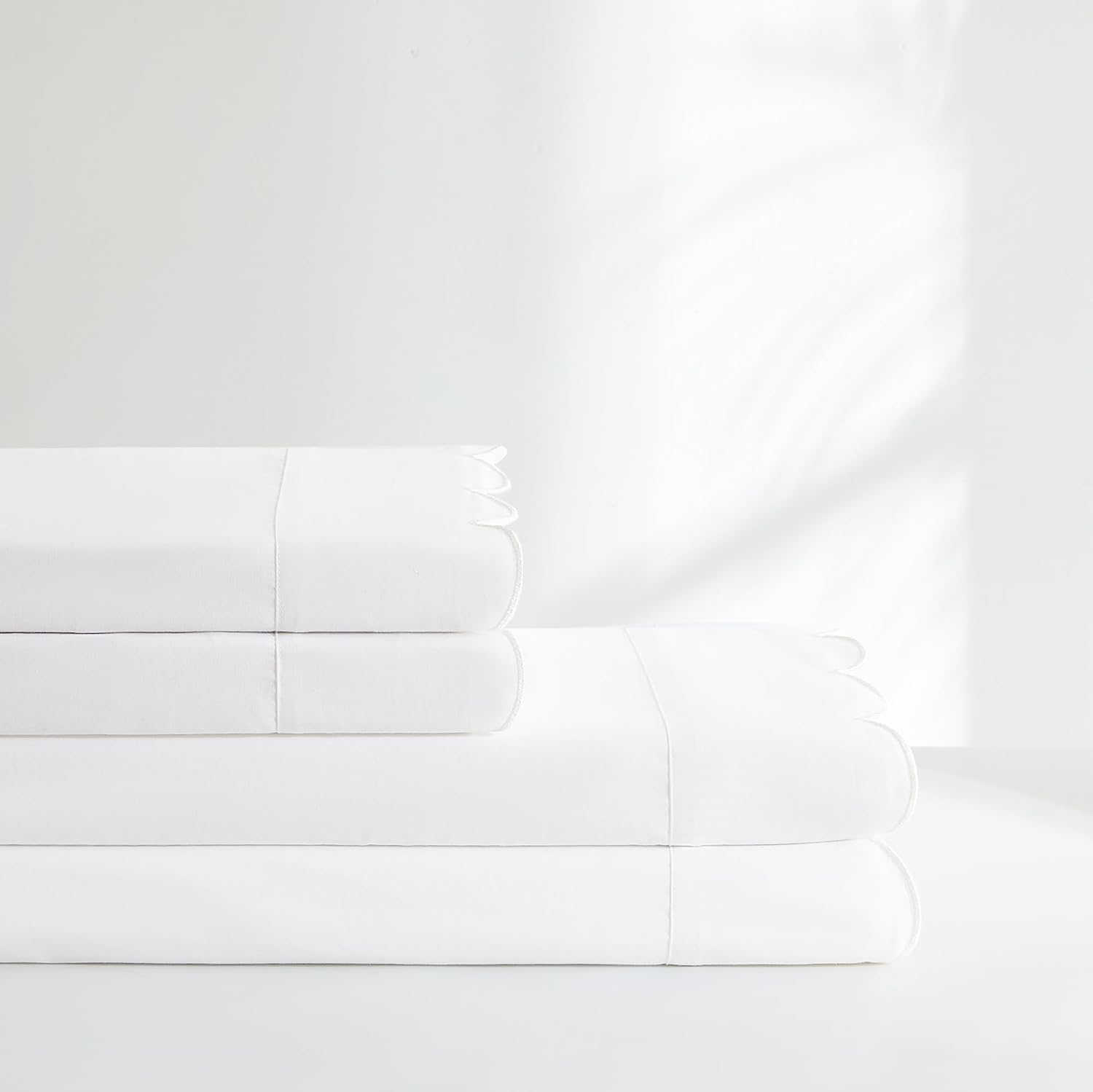 Lush Decor Coastal Chic Scalloped Edge Cotton Sheet Set 4 Piece Set King White - White Sheets - Scallop Trim - Bed Sheets - Coastal Decor