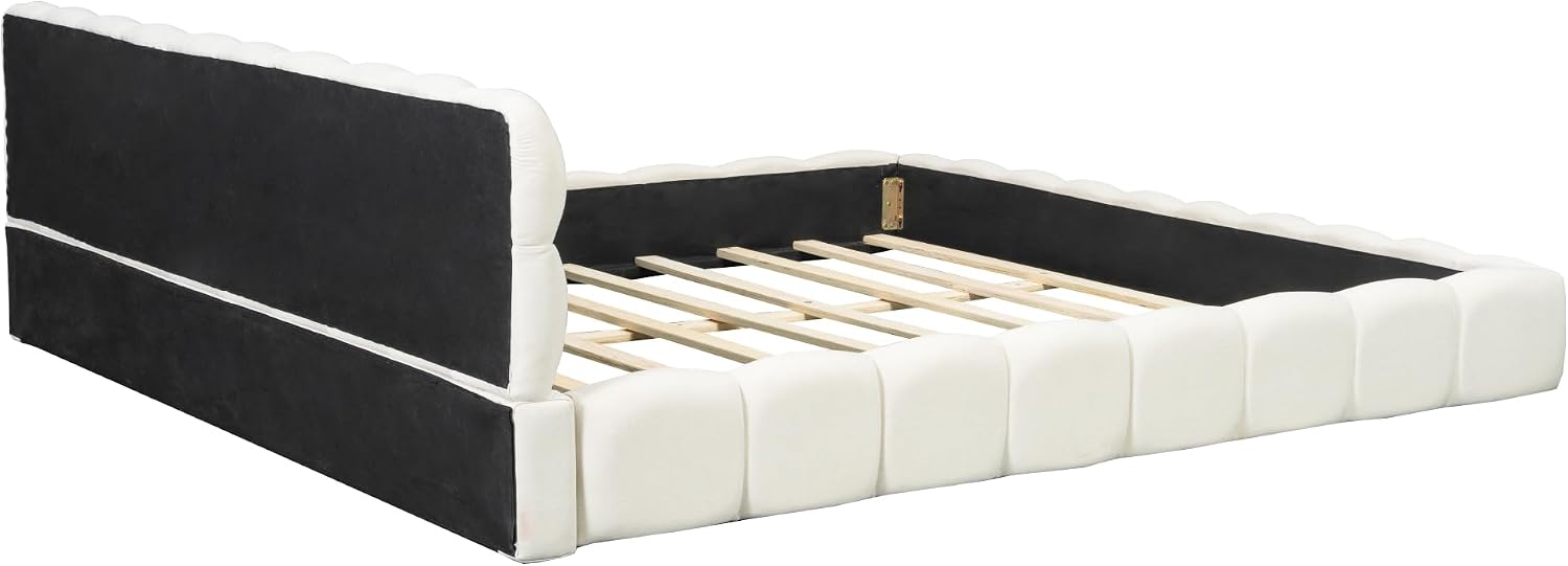 King Size Upholstered Platform Bed with Thick Fabric, Grounded Bed with Solid Frame, Beige