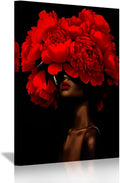 SWQYLB African American Canvas Wall Art Black Women Flower Head Pictures Prints Abstract African Girl Portrait Painting Framed Artwork for Girl Room Decor (Red, 42L x 28W)