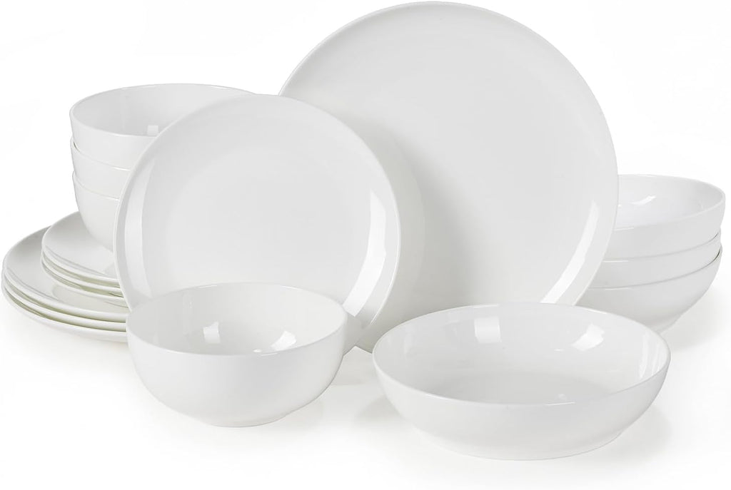 KINGSTONE 16-Piece Bone China Dinnerware Sets for 4, Lightweight Porcelain Dish Serving Plates and Bowls Sets, Durable Scratch Resistant Dinner Set, Microwave & Dishwasher Safe, Ivory White
