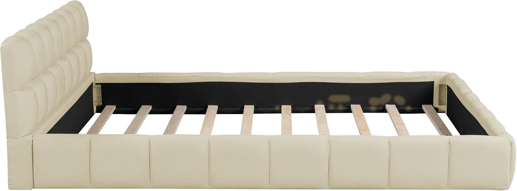 Upholstered Platform Bed, Bed with Square Grid Soft Bag,Platform Bed with Thick Fabric, Grounded Bed with Solid Frame, Queen Size,Beige