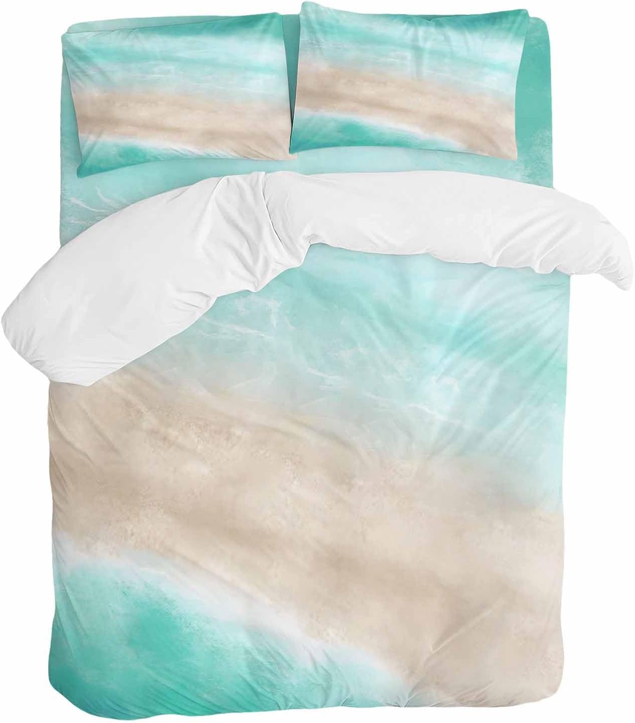 Summer Beach Duvet Cover Set Queen Size 4 Pieces Teal Green Gradient Ocean Wave Beige Sand Abstract Bedding Set with Zipper Closure, 1 Comforter Cover 86x86 Inches 1 Flat Sheet & 2 Pillow Cases