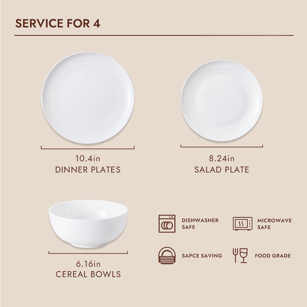 KINGSTONE 12-Piece Bone China Dinnerware Set with 20-Piece flatware, Ivory White Lightweight Porcelain Service for 4, for Family Dining, Restaurants, Gifting, Microwave and Dishwasher Safe