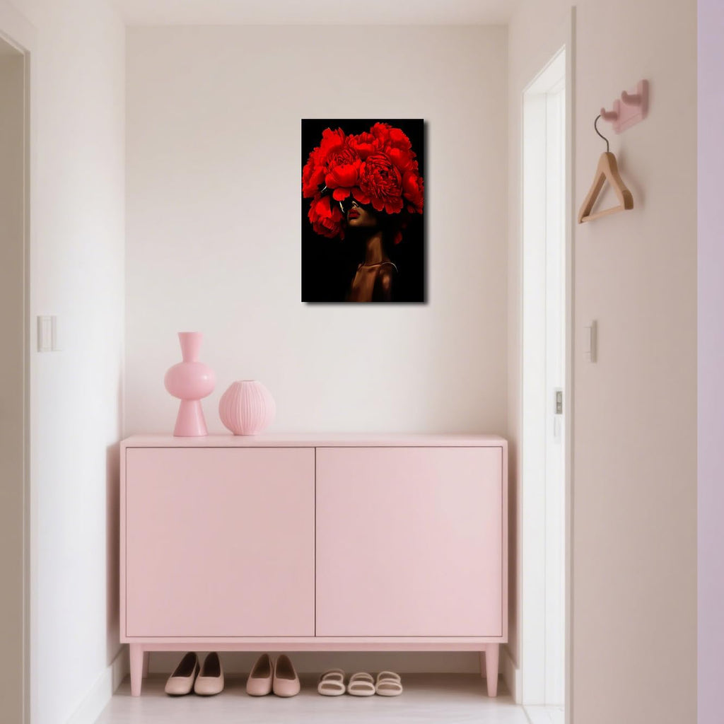 SWQYLB African American Canvas Wall Art Black Women Flower Head Pictures Prints Abstract African Girl Portrait Painting Framed Artwork for Girl Room Decor (Red, 42L x 28W)