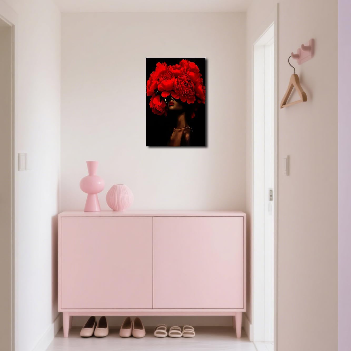 SWQYLB African American Canvas Wall Art Black Women Flower Head Pictures Prints Abstract African Girl Portrait Painting Framed Artwork for Girl Room Decor (Red, 42L x 28W)