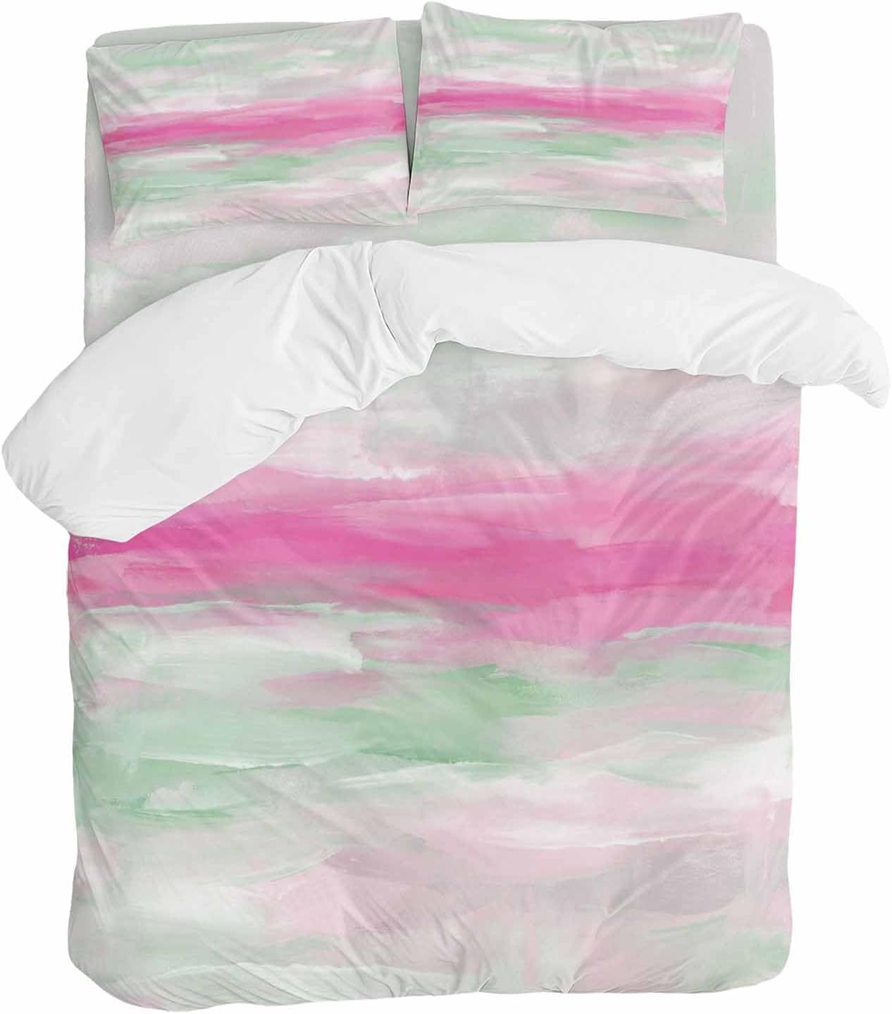 Abstract Sunset Duvet Cover Set Queen Size 4 Pieces Pink Green White Gradient Modern Oil Painting Bedding Set with Zipper Closure, 1 Comforter Cover 90x92 Inches 1 Flat Sheet & 2 Pillow Cases
