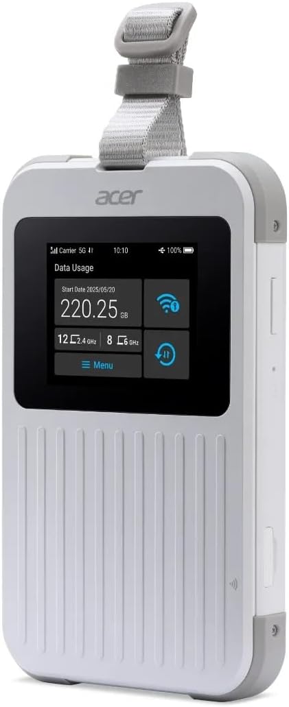 Acer Connect M6E 5G Mobile Wi-Fi | Wi-Fi 6E Hotspot 20 Devices | 2.4″ Touchscreen | 135+ Country Coverage | 8000 mAh Battery | IP68 Rugged | Enterprise-Grade Security | NFC Touch-to-Connect | Tri-SIM
