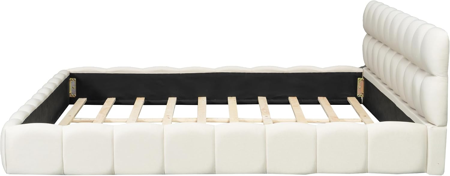 GOWE King Size Upholstered Platform Bed with Thick Fabric, Grounded Bed with Solid Frame, Beige