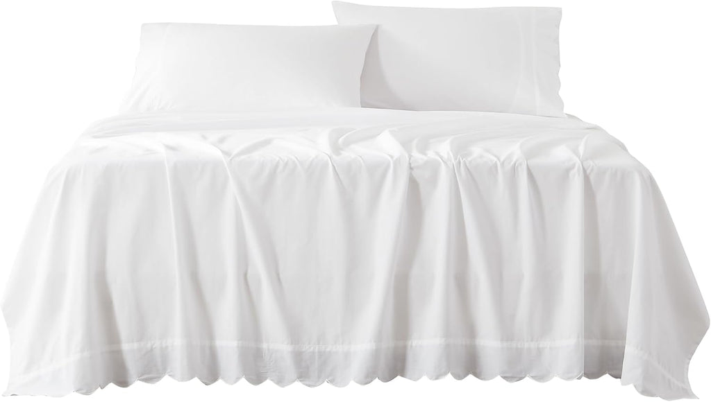 Lush Decor Coastal Chic Scalloped Edge Cotton Sheet Set 4 Piece Set King White - White Sheets - Scallop Trim - Bed Sheets - Coastal Decor
