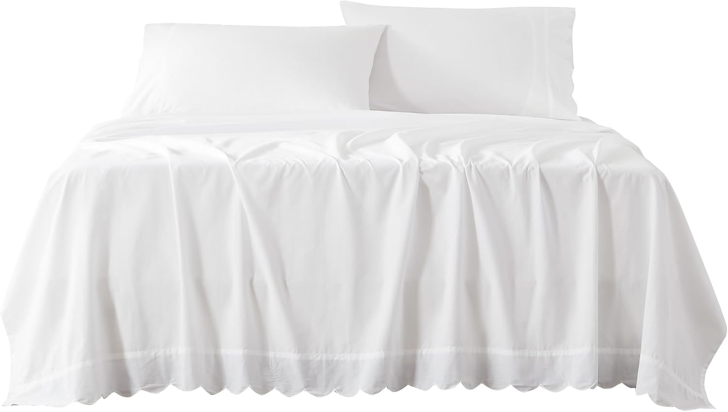Lush Decor Coastal Chic Scalloped Edge Cotton Sheet Set 4 Piece Set King White - White Sheets - Scallop Trim - Bed Sheets - Coastal Decor