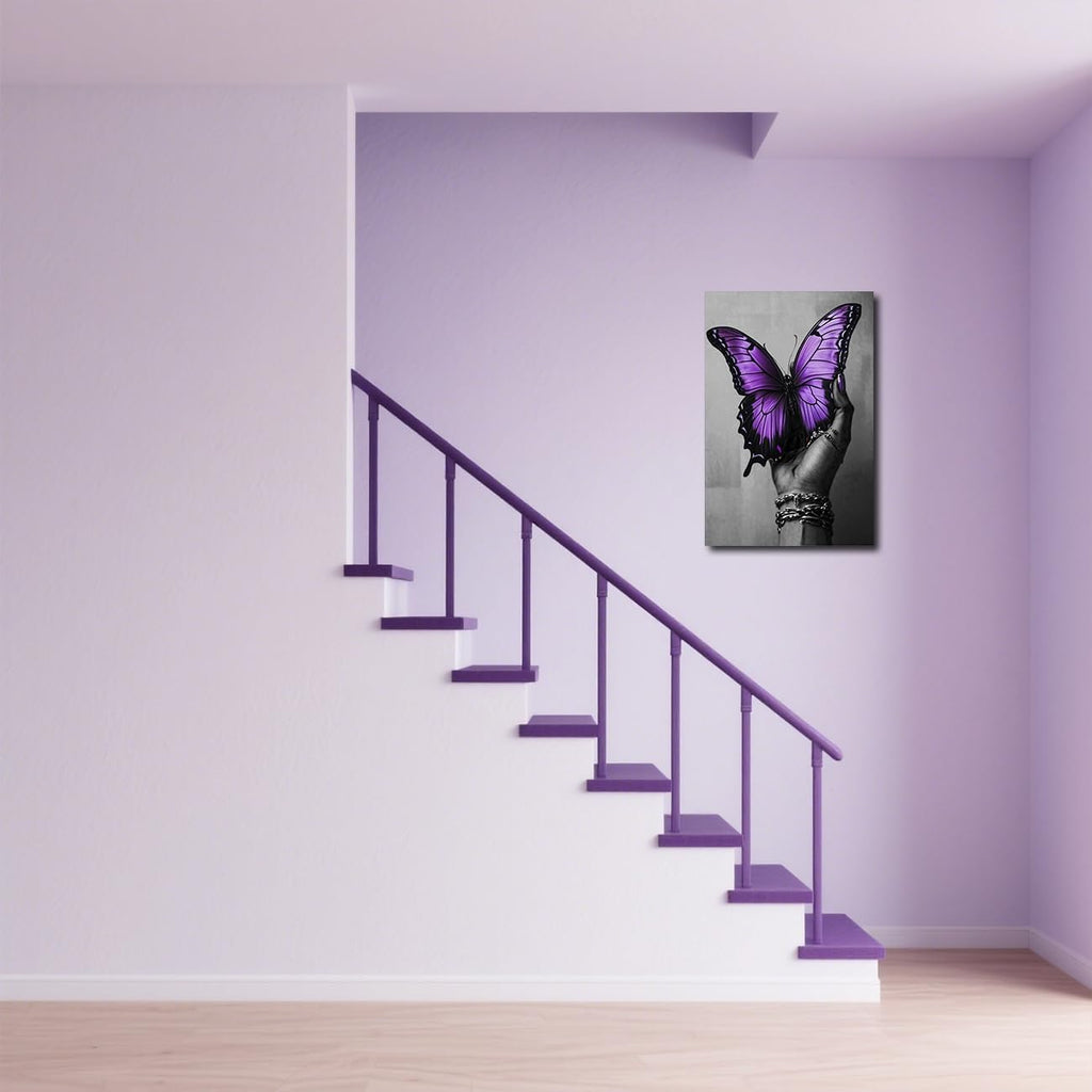 SWQYLB African American Canvas Wall Art Black Woman Hand and Butterfly Picture Black Girl Painting Abstract Women Poster Prints Afro Art Wall Decor for Bedroom (Purple, 42L x 28W)