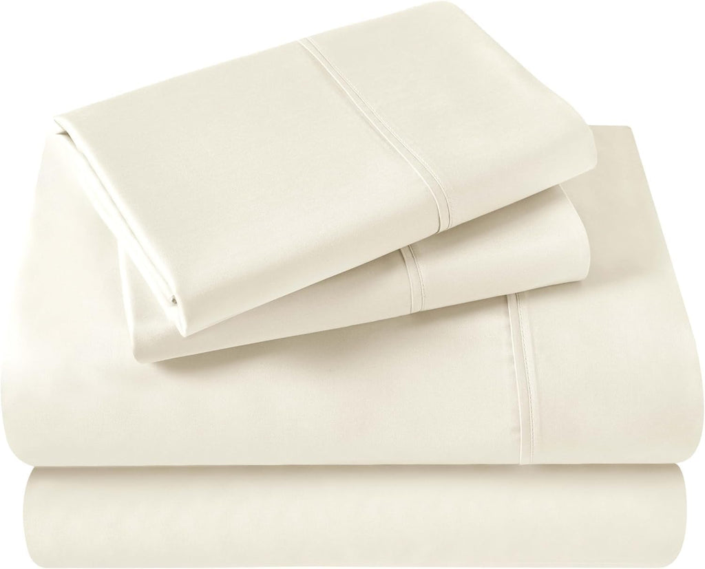 Superior Egyptian Cotton 400 Thread Count Bed Sheet Set, 1 Elastic Deep Pocket Fitted Sheet, 1 Flat Sheet, 2 Pillowcases, Soft Bedding, Luxury Sheets, Sateen Weave, Queen Size, Ivory