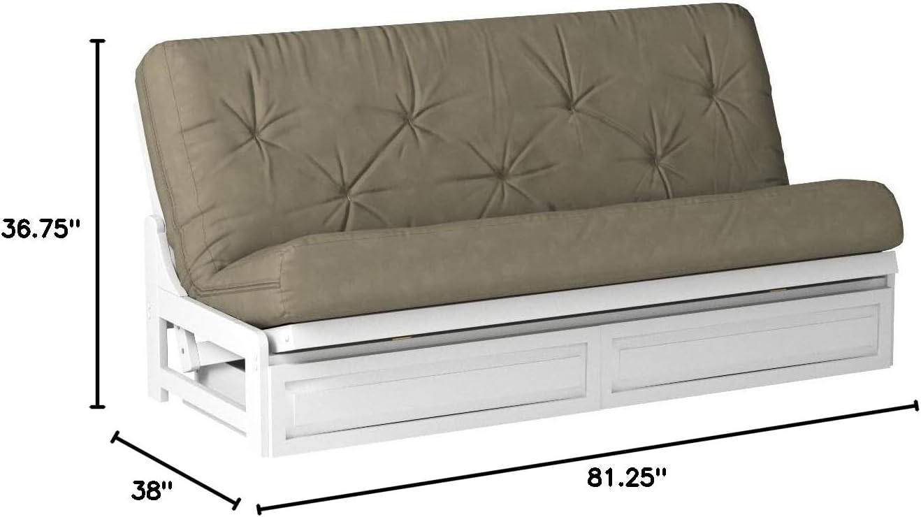 Nirvana Futons Arden White Futon with Storage Drawers Queen Size - Minimalist Armless Design with 8 Inch Comfortable Mattress (Twill Khaki), Sofa Bed Available in
