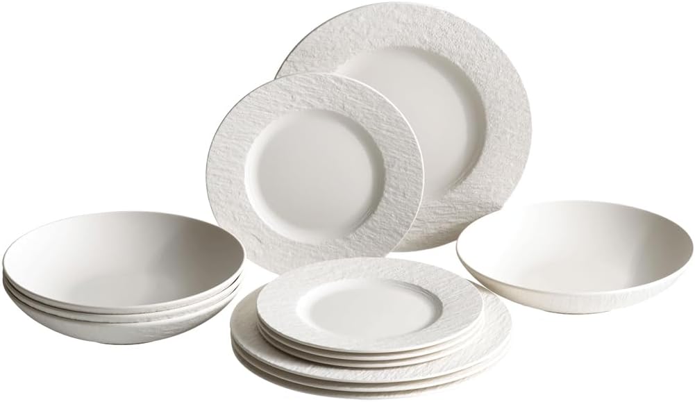 Villeroy & Boch Manufacture Rock Blanc 12-Piece Dinnerware Set, Service for 4, Dinner Plates, Salad Plates & Pasta Bowls, Premium Porcelain, Made in Germany, Matte White
