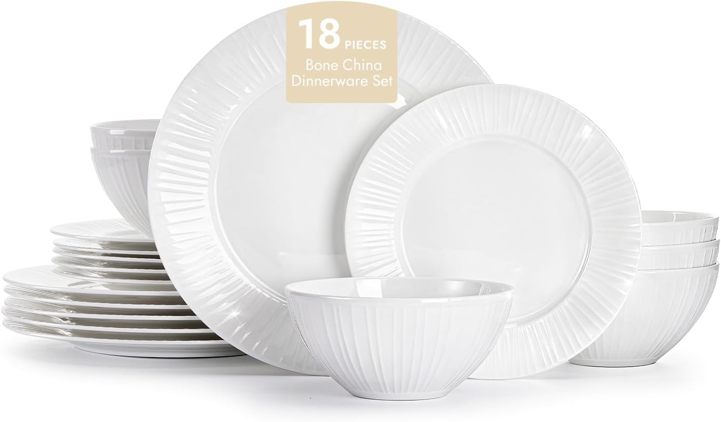 KINGSTONE Bone China Dinnerware Set, 18-Piece White Lightweight Porcelain with Textured Design Service for 6, Plates, Bowls, for Family Dining, Restaurants, Gifting，Microwave and Dishwasher Safe