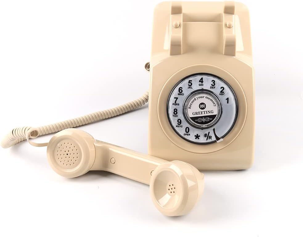 Premium Audio Guest Book Telephone with Free LED Wedding Sign | Vintage and Retro Style Audio Guestbook | Rotary Phone with Audio Record Voice Messages (Beige)