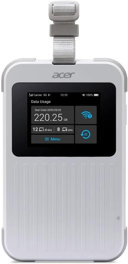 Acer Connect M6E 5G Mobile Wi-Fi | Wi-Fi 6E Hotspot 20 Devices | 2.4″ Touchscreen | 135+ Country Coverage | 8000 mAh Battery | IP68 Rugged | Enterprise-Grade Security | NFC Touch-to-Connect | Tri-SIM