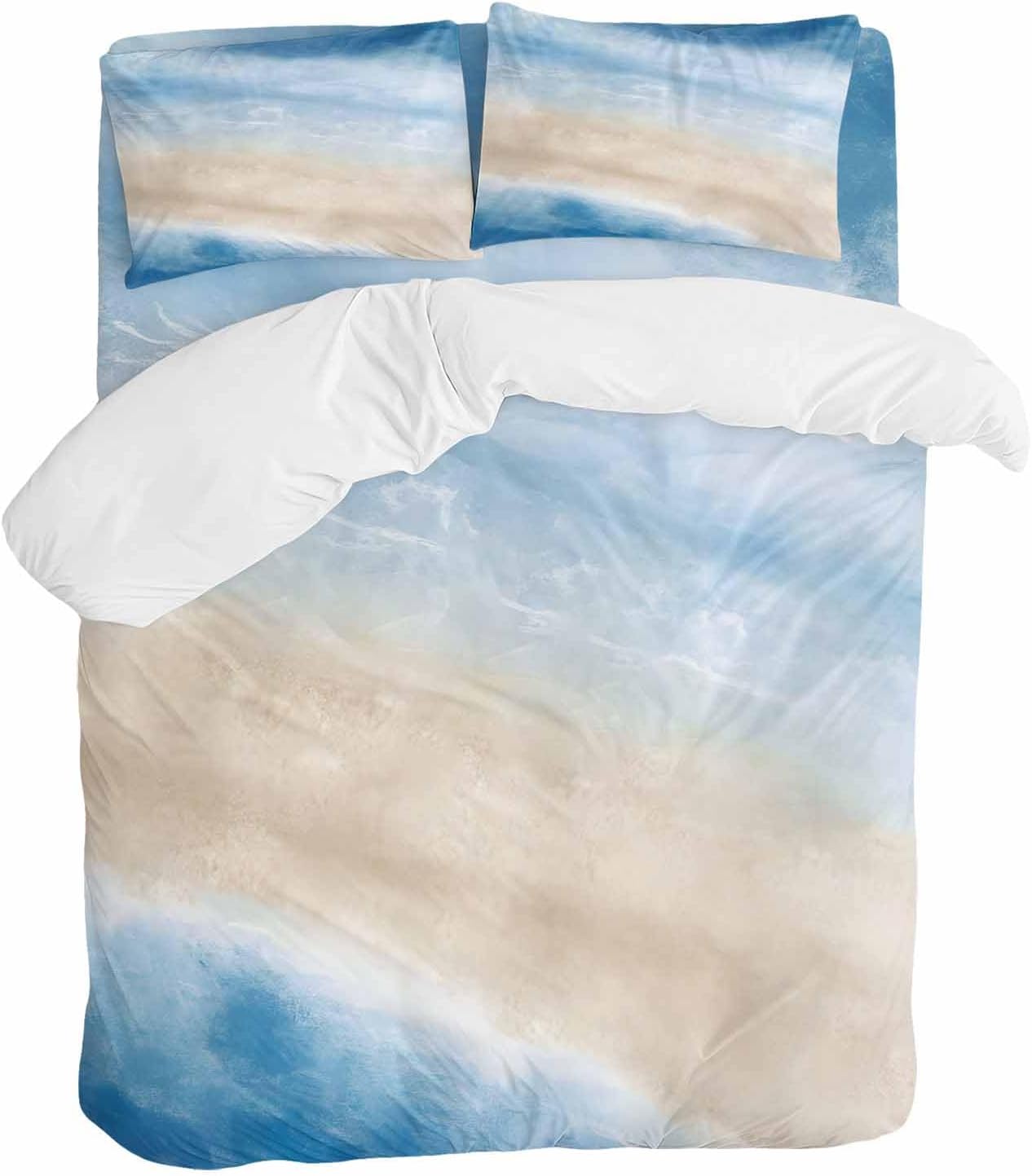 Summer Beach Duvet Cover Set Queen Size 4 Pieces Dark Blue Gradient Ocean Wave Beige Sand Abstract Bedding Set with Zipper Closure, 1 Comforter Cover 86x86 Inches 1 Flat Sheet & 2 Pillow Cases