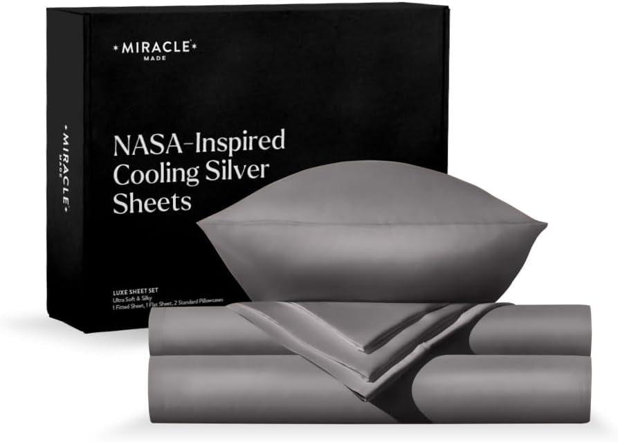 Miracle Made Extra Luxe Soft, Cool-to-the-Touch Cotton Bed Sheet Set, 4-Piece – Silver-Treated, Breathable, Lightweight Bedding – Cali King Size, Silver Grey