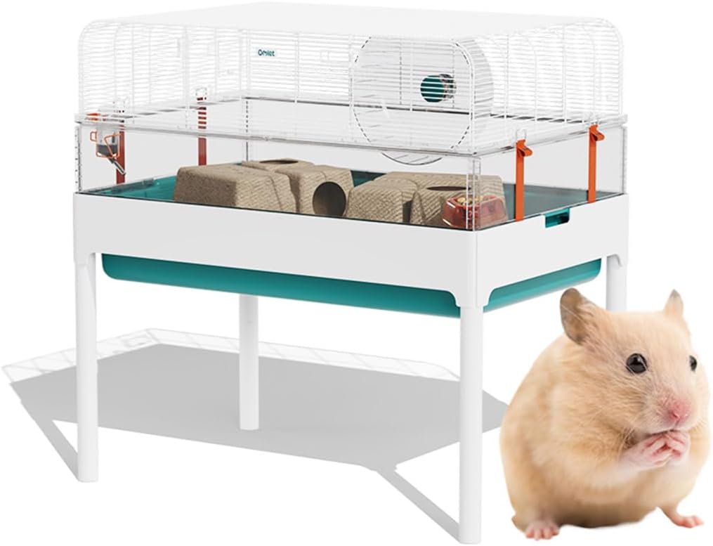 Omlet Hamster Cage with Stand | Large, Safe & Customizable Space | Easy Clean Habitat | Unique Anti Spill Bedding Tray | Includes a Hamster Silent Wheel, Food Bowl, Water Bottle & 2 Hides