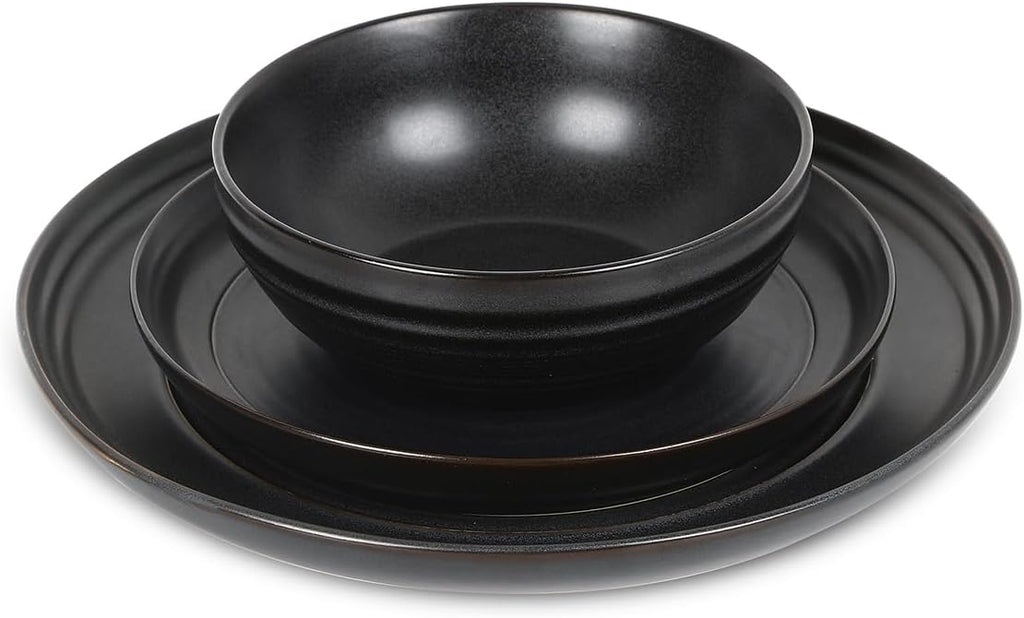Stone Lain Elio 24-Piece Dinnerware Set Stoneware, Plates and Bowls Set, Dish Set for 8, Black