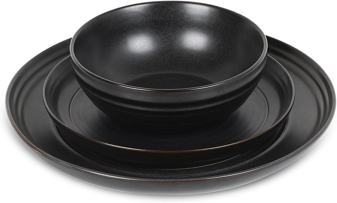 Stone Lain Elio 24-Piece Dinnerware Set Stoneware, Plates and Bowls Set, Dish Set for 8, Black