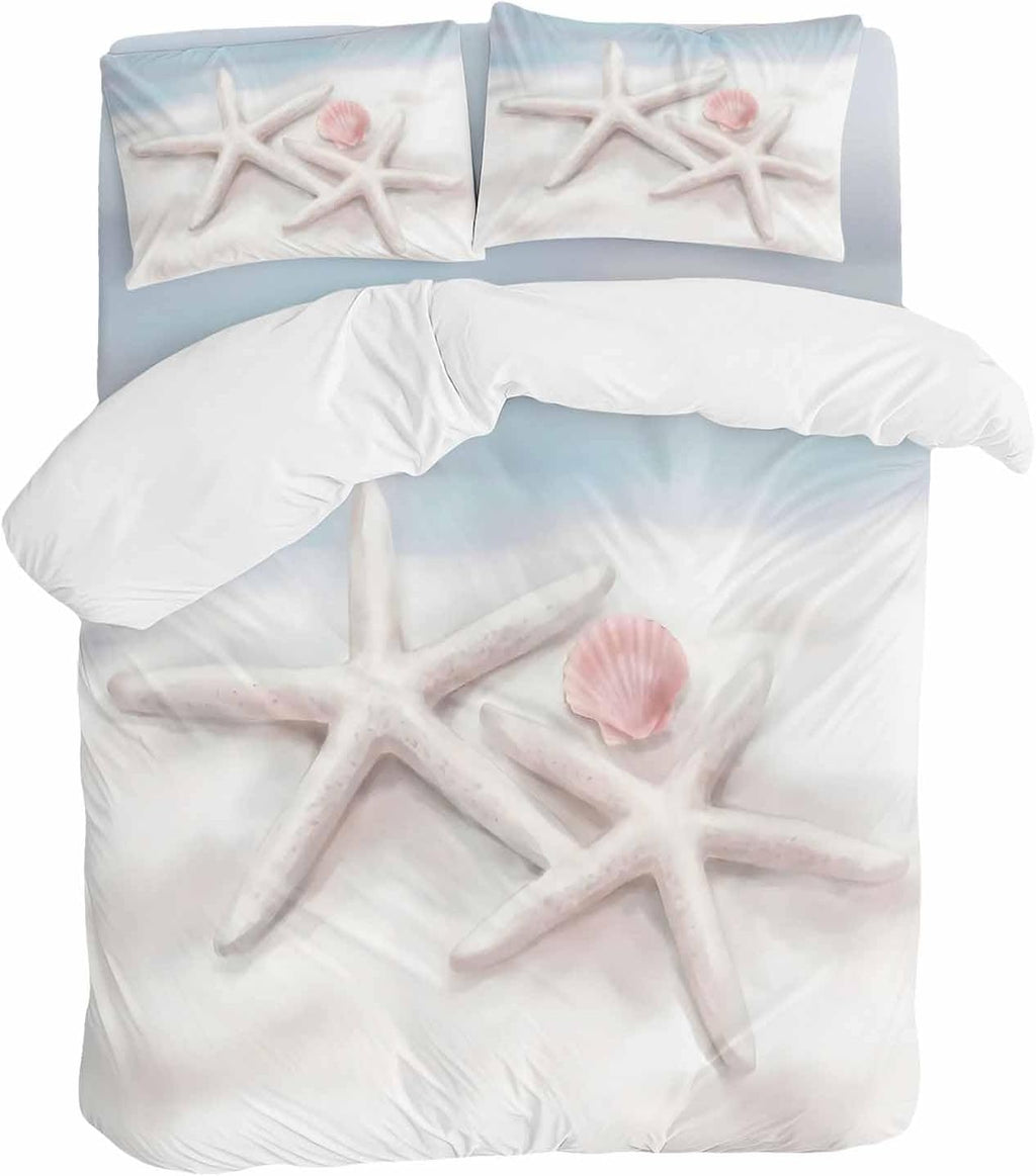 Prime Leader Starfish Shell Duvet Cover Set Queen Size 4 Pieces Summer Ocean Beach Coastal Bedding Set with Zipper Closure, 1 Comforter Cover 86x86 Inches 1 Flat Sheet & 2 Pillow Cases