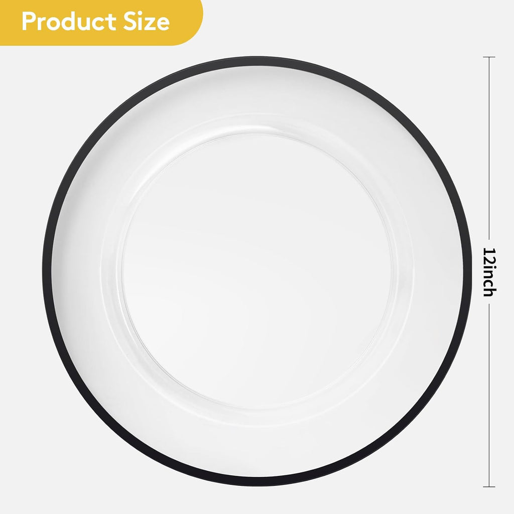 Goodluck 12 Inch Disposable Charger Plates Plastic, 100 Pack Plastic Clear Charger with Black Rim for Dinner, Wedding, Party