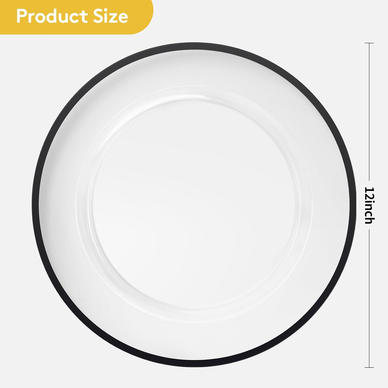 Goodluck 12 Inch Disposable Charger Plates Plastic, 100 Pack Plastic Clear Charger with Black Rim for Dinner, Wedding, Party