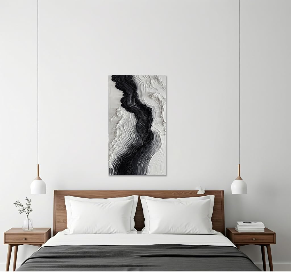Boiee Art,24x48Inch Hand Painted Modern Black Simply White Framed Artwork Textured Ocean Wave Art on Canvas Minimalist Oil Painting