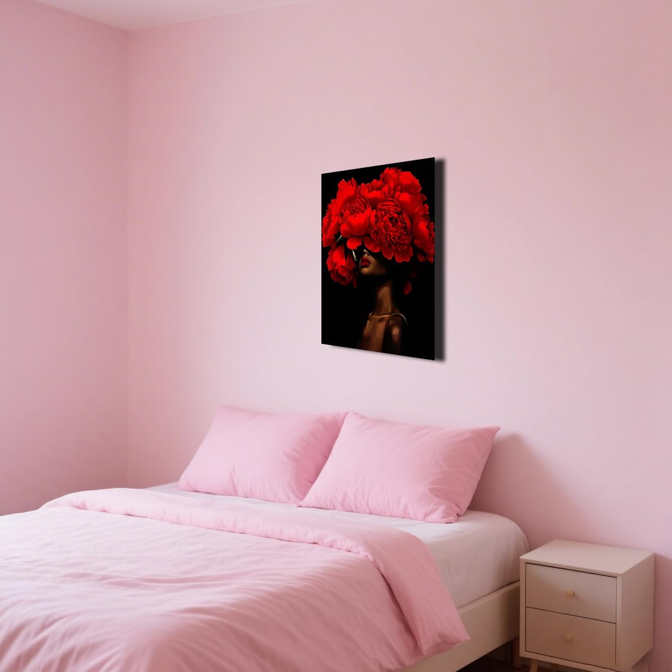 SWQYLB African American Canvas Wall Art Black Women Flower Head Pictures Prints Abstract African Girl Portrait Painting Framed Artwork for Girl Room Decor (Red, 42L x 28W)