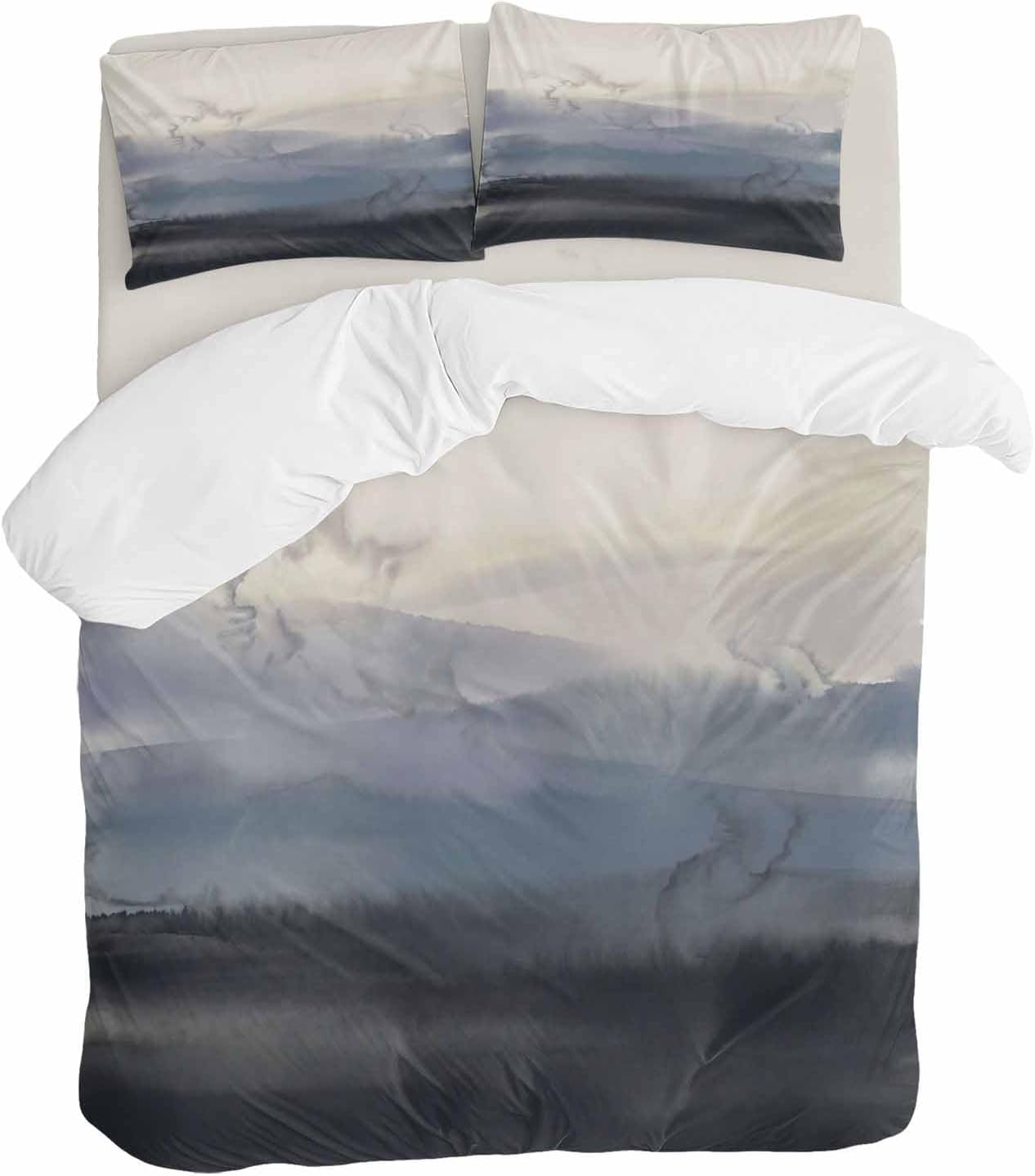 Natural Landscape Duvet Cover Set Queen Size 4 Pieces Pastoral Mountain Country Cloud Field Gradient Color Bedding Set with Zipper Closure, 1 Comforter Cover 90x92 Inches 1 Flat Sheet & 2 Pillow Cases