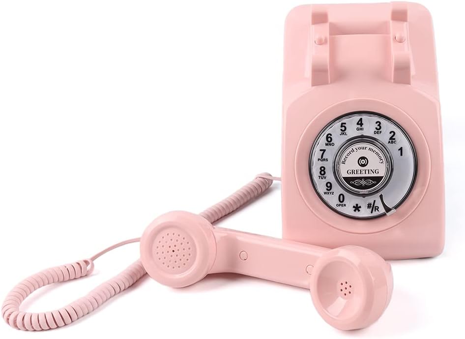 Premium Audio Guest Book Telephone with Free LED Wedding Sign | Vintage and Retro Style Audio Guestbook | Rotary Phone with Audio Record Voice Messages (Pink)