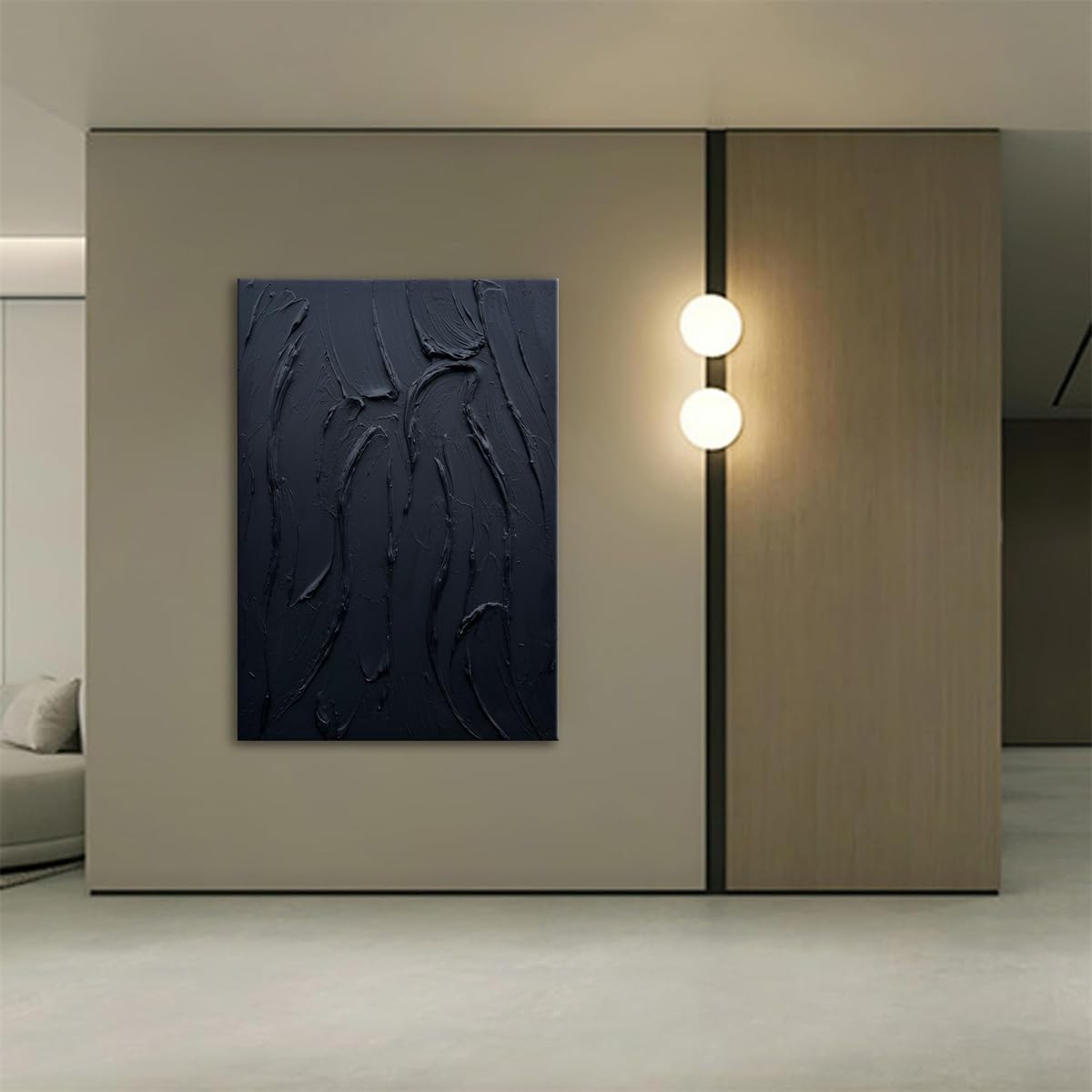 zoinart Hand Painted Large Thick Texture Black Minimalist Oil Paintings Contemporary Art Oil on Canvas Vertical Wall Art Home Office Corridor Wall Art
