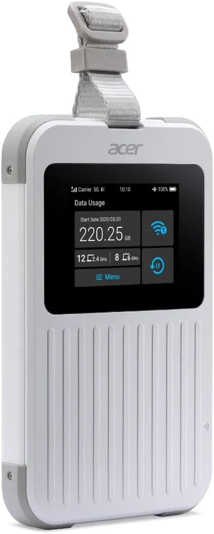 Acer Connect M6E 5G Mobile Wi-Fi | Wi-Fi 6E Hotspot 20 Devices | 2.4″ Touchscreen | 135+ Country Coverage | 8000 mAh Battery | IP68 Rugged | Enterprise-Grade Security | NFC Touch-to-Connect | Tri-SIM