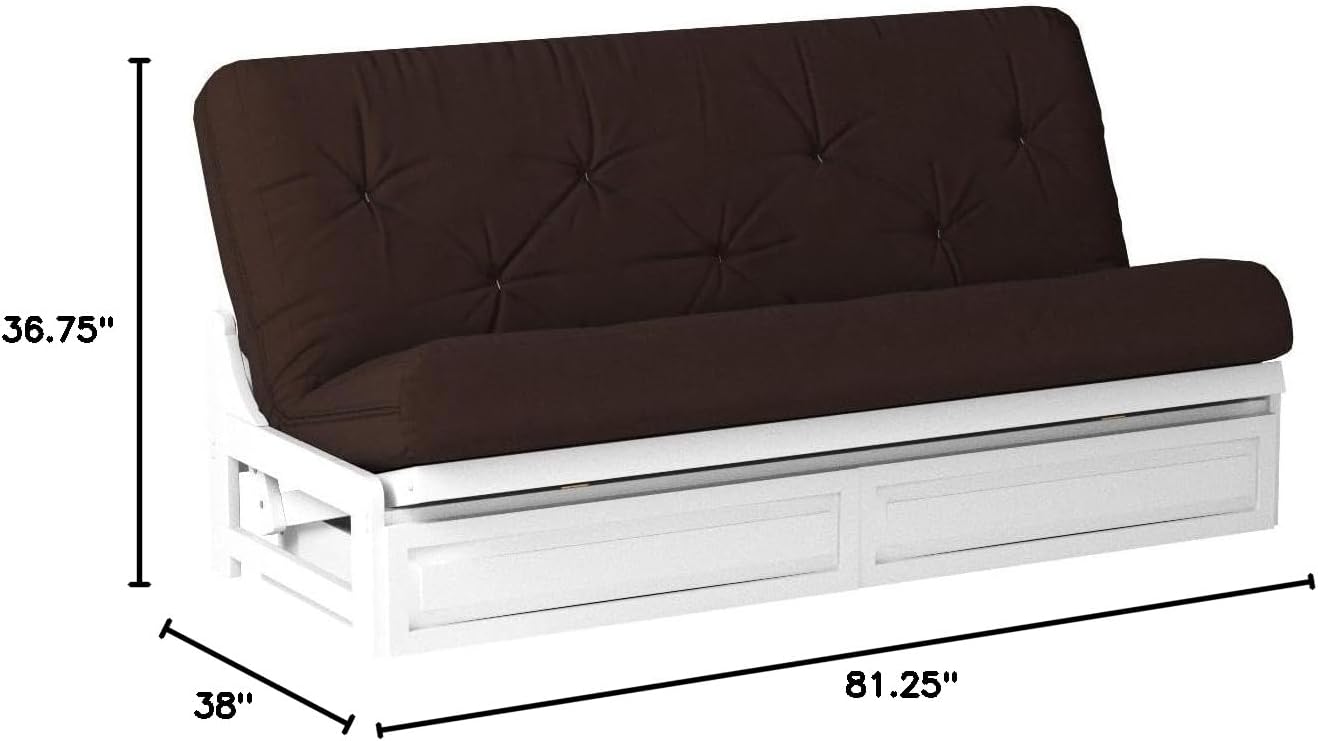 Nirvana Futons Arden White Futon with Storage Drawers Queen Size - Minimalist Armless Design with 8 Inch Comfortable Mattress Included (Microfiber Sussex Fudge), Sofa Bed Available in